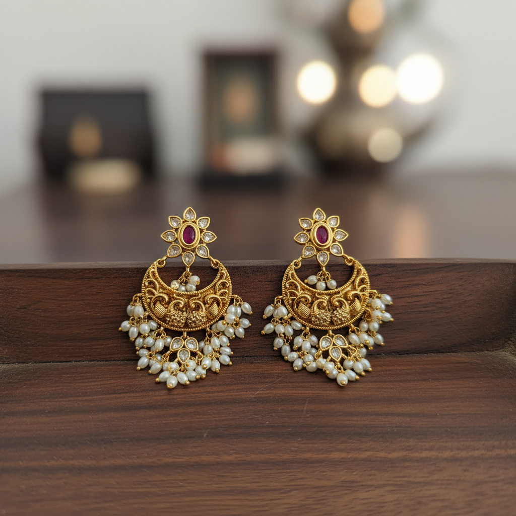 Apsara Peacock Antique Gold Chandbalis - View 3