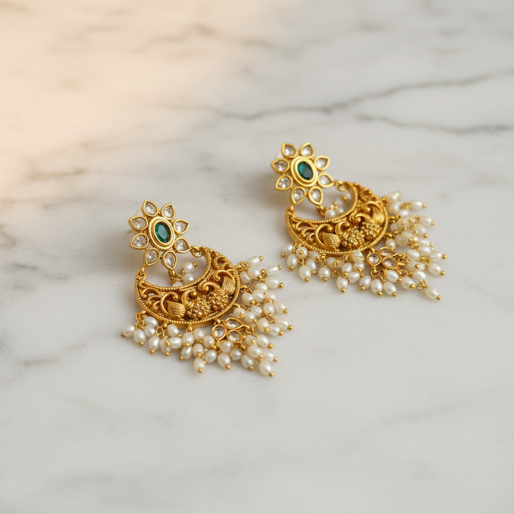 Apsara Peacock Antique Gold Chandbalis - View 4