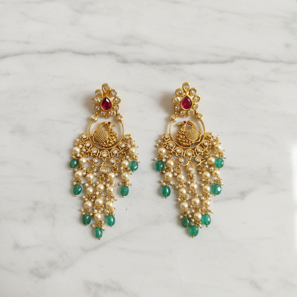 Regal Peacock Emerald Chandelier Earrings - View 2