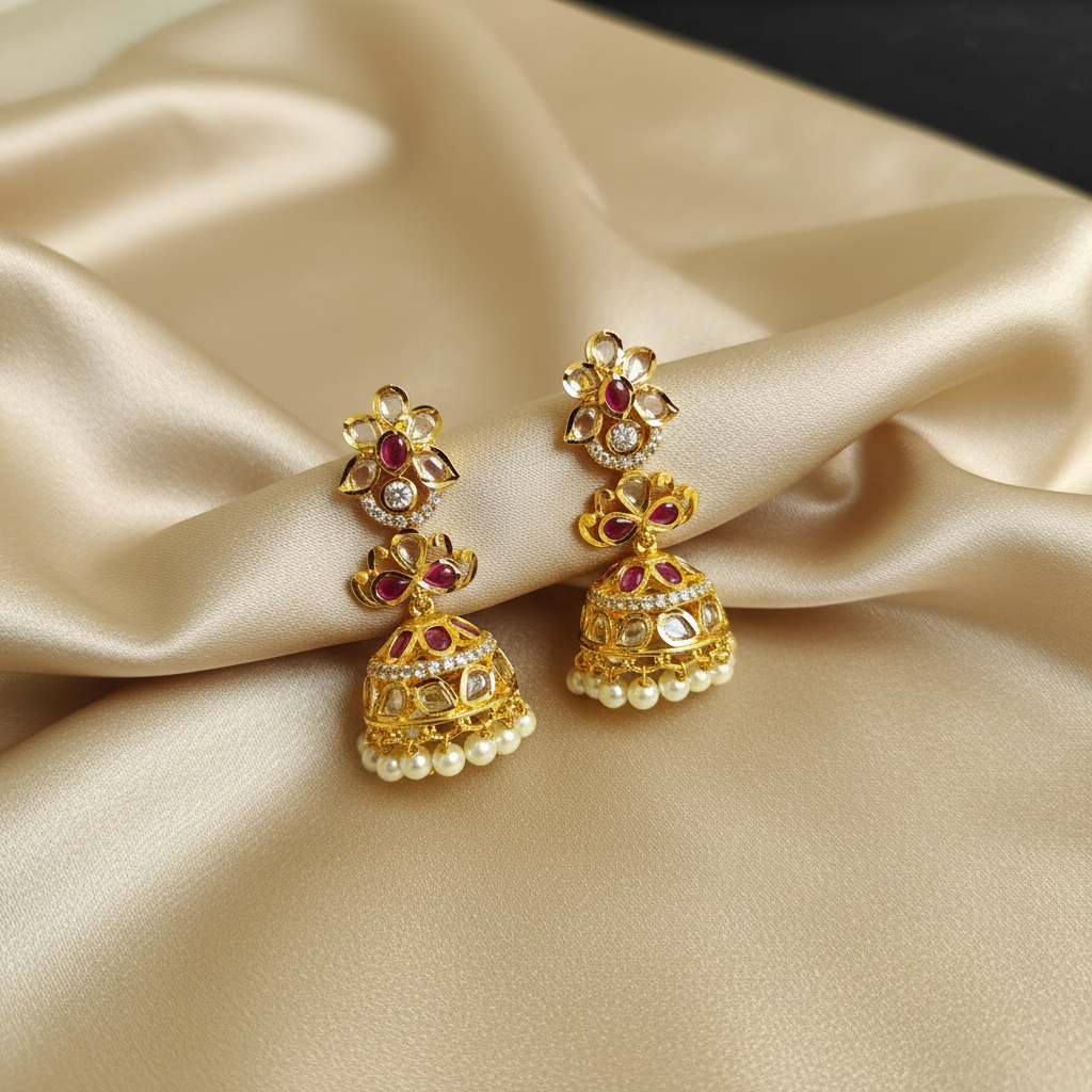 Aarya Floral Ruby Kundan Jhumkas - View 2