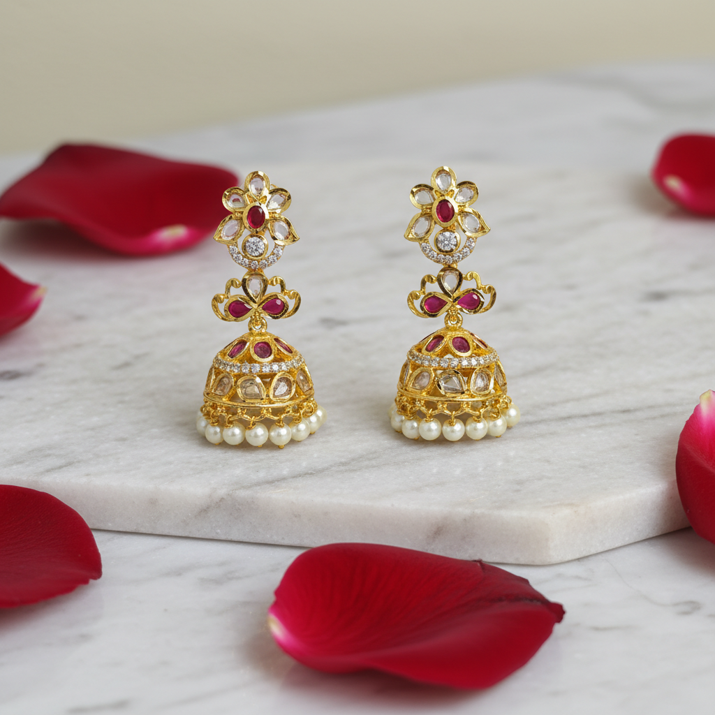 Aarya Floral Ruby Kundan Jhumkas - View 3