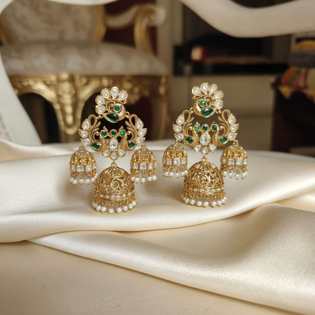 Emerald Peacock Regal Triple Jhumka