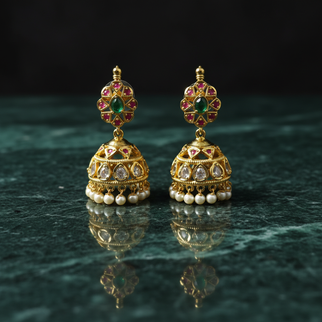 Regal Emerald & Ruby Heritage Jhumkas - View 2