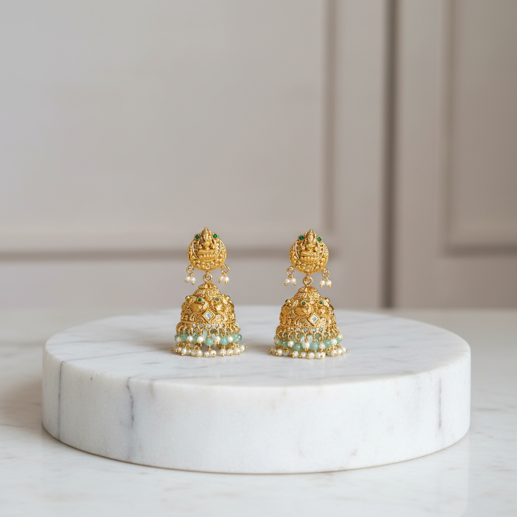 Divine Temple Jhumkas with Emerald Accents - View 2