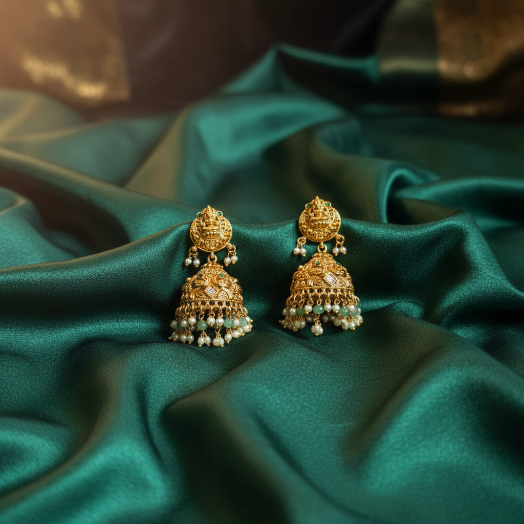 Divine Temple Jhumkas with Emerald Accents