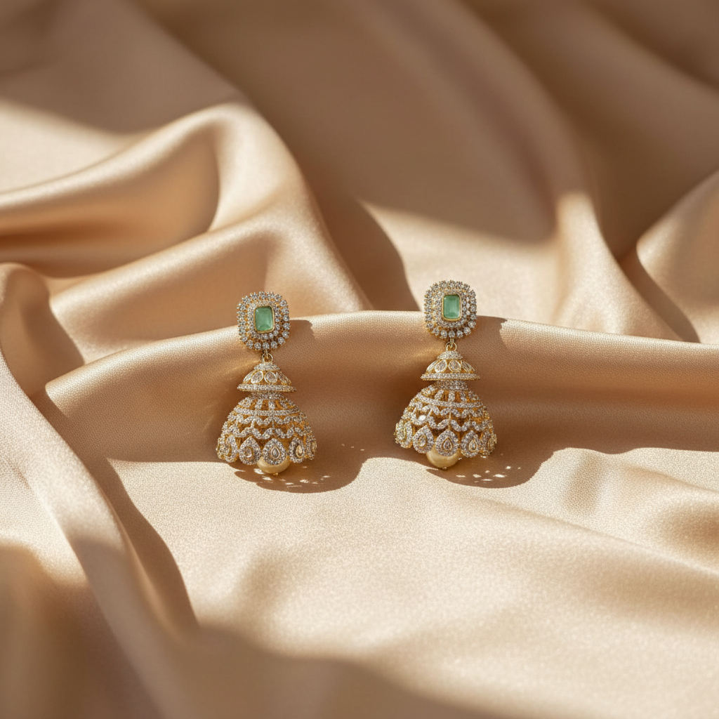Emerald Essence Zircon Jhumkas - View 2