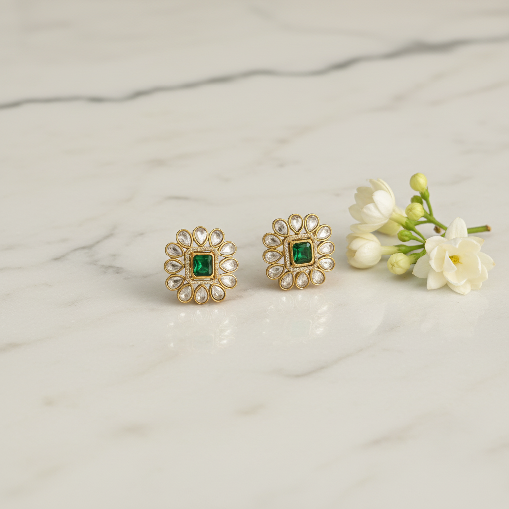 Emerald Blossom Kundan Studs - View 2