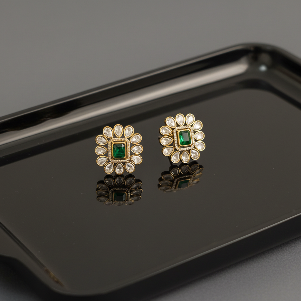 Emerald Blossom Kundan Studs - View 3