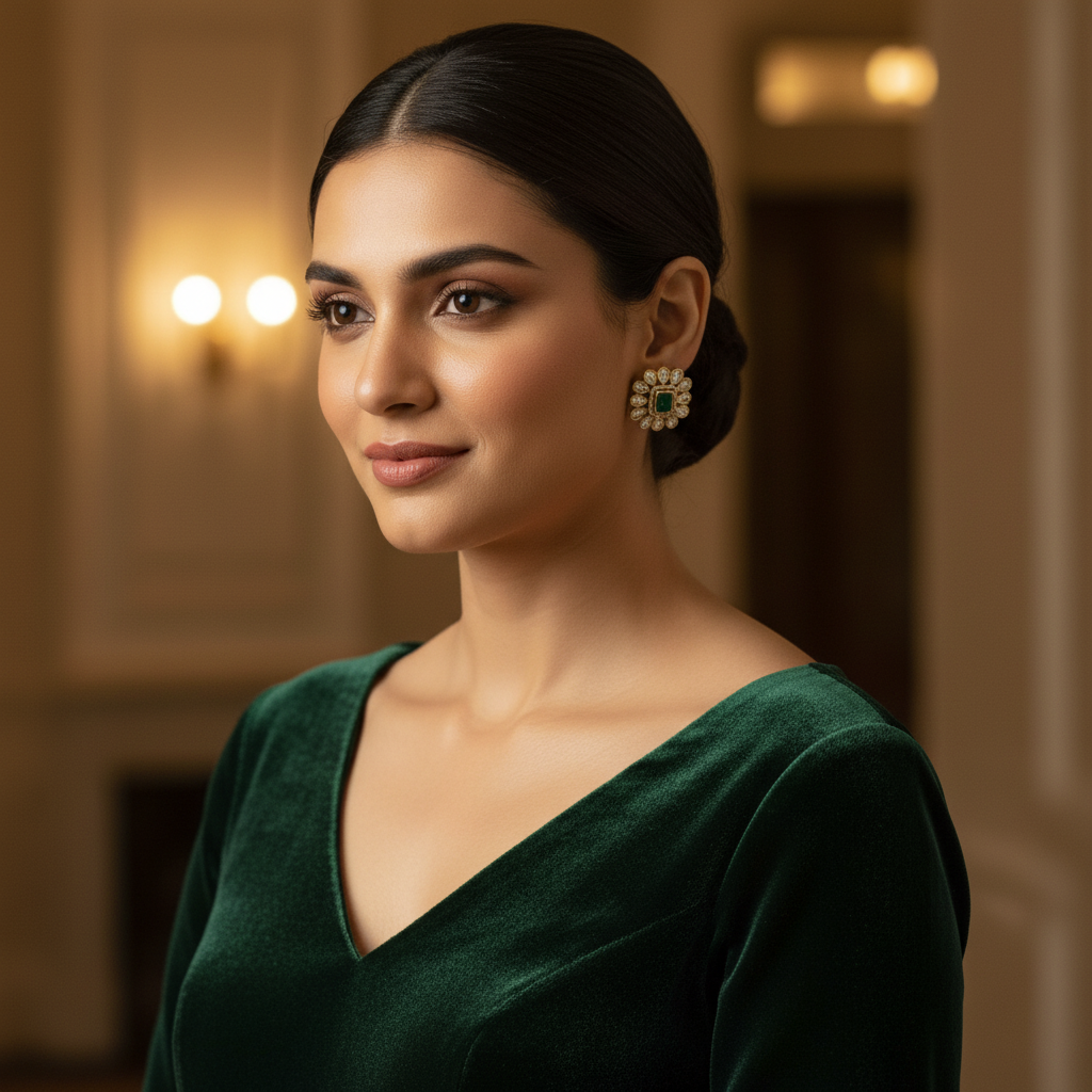 Emerald Blossom Kundan Studs - View 4