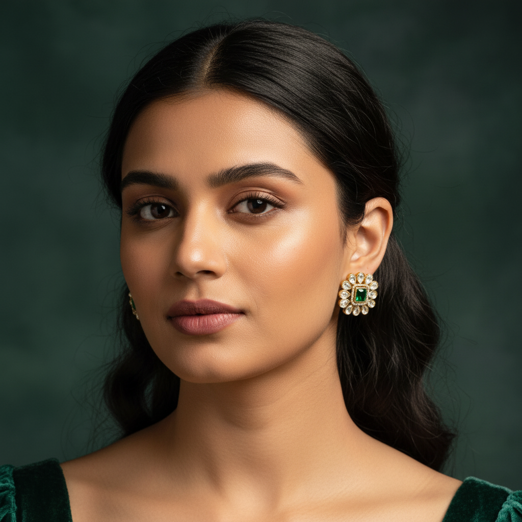 Emerald Blossom Kundan Studs - View 5