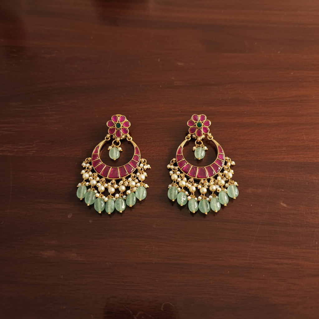 Crimson Mint Antique Chandbali Earrings - View 2