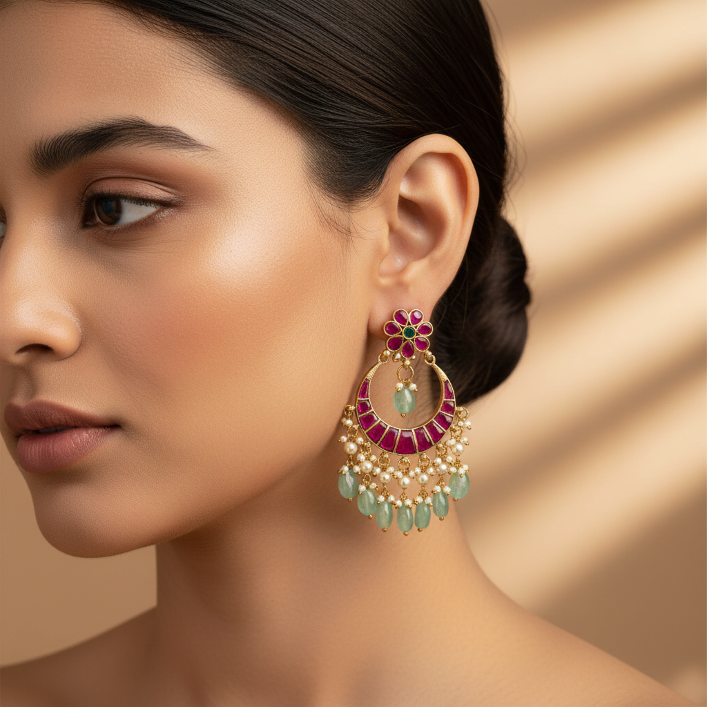 Crimson Mint Antique Chandbali Earrings - View 3