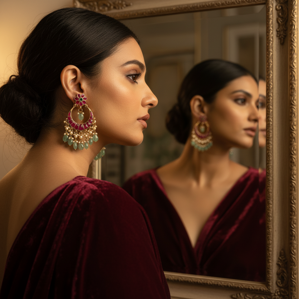 Crimson Mint Antique Chandbali Earrings - View 4