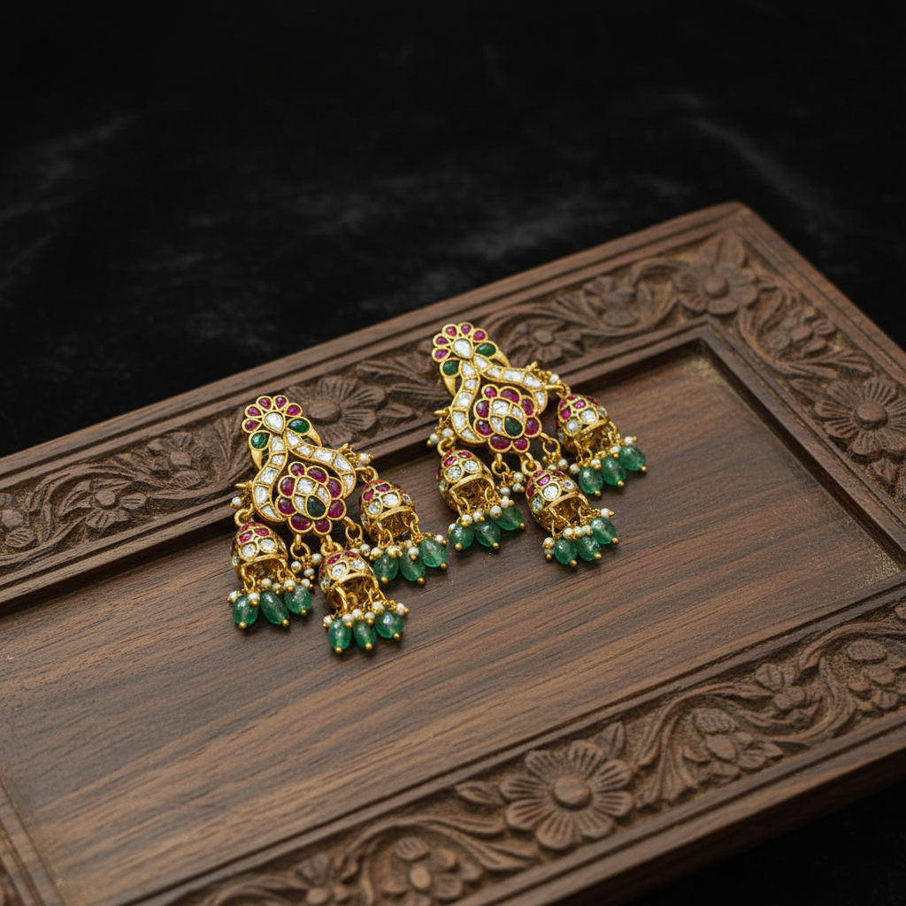 Vrinda Emerald & Ruby Trio Jhumkas - View 2