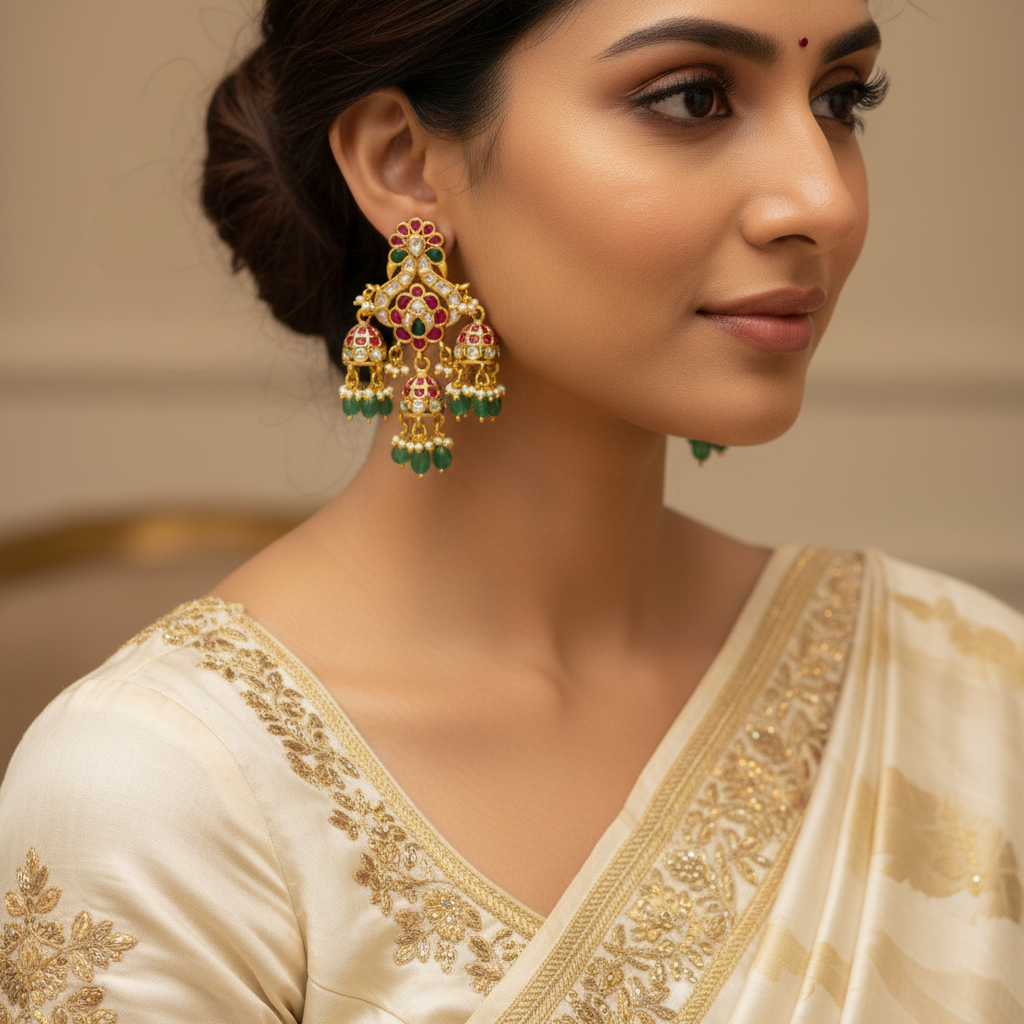 Vrinda Emerald & Ruby Trio Jhumkas - View 3