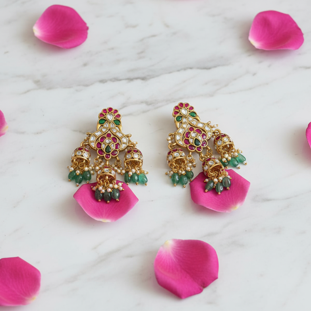 Vrinda Emerald & Ruby Trio Jhumkas