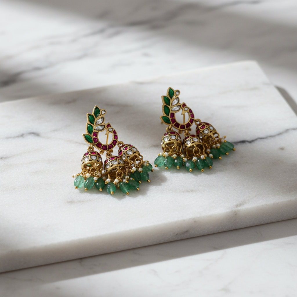 Peacock's Grace Triple-Tier Jhumkas - View 2