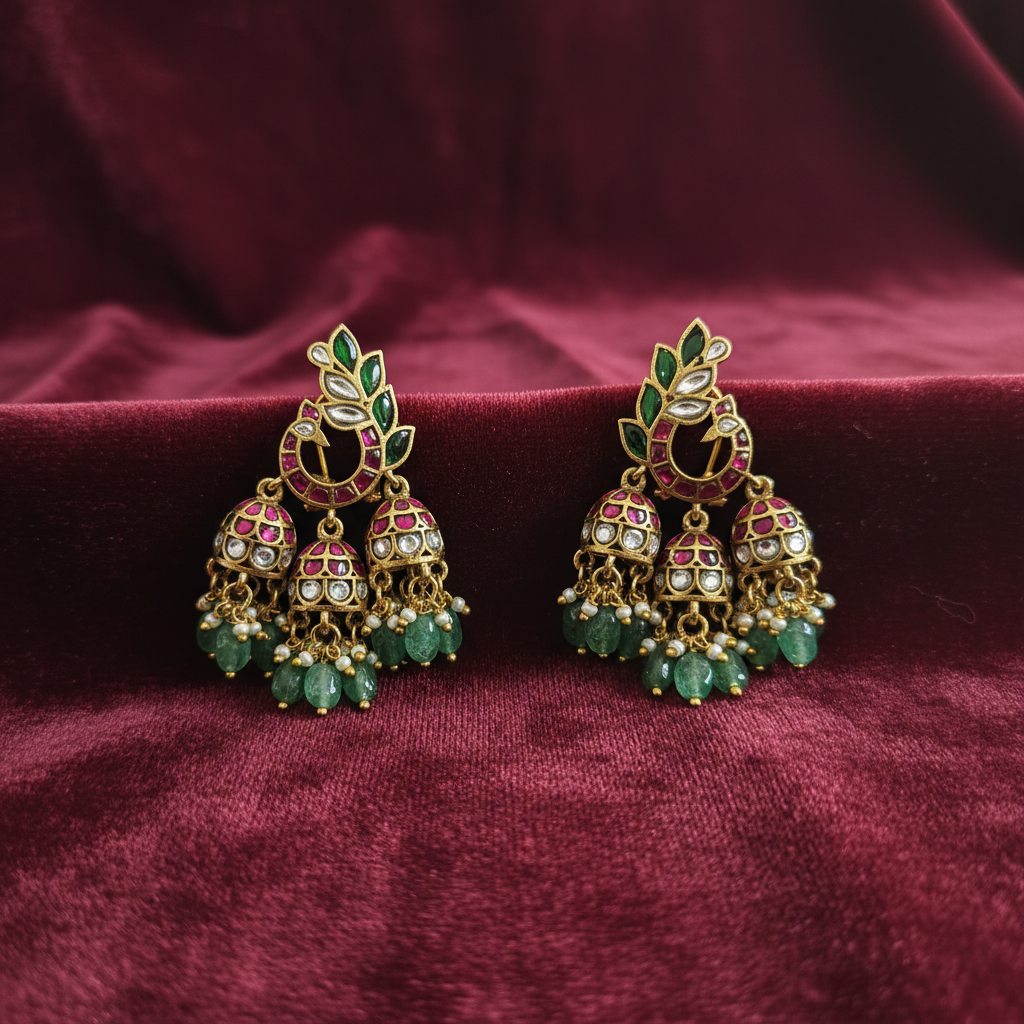 Peacock's Grace Triple-Tier Jhumkas - View 3
