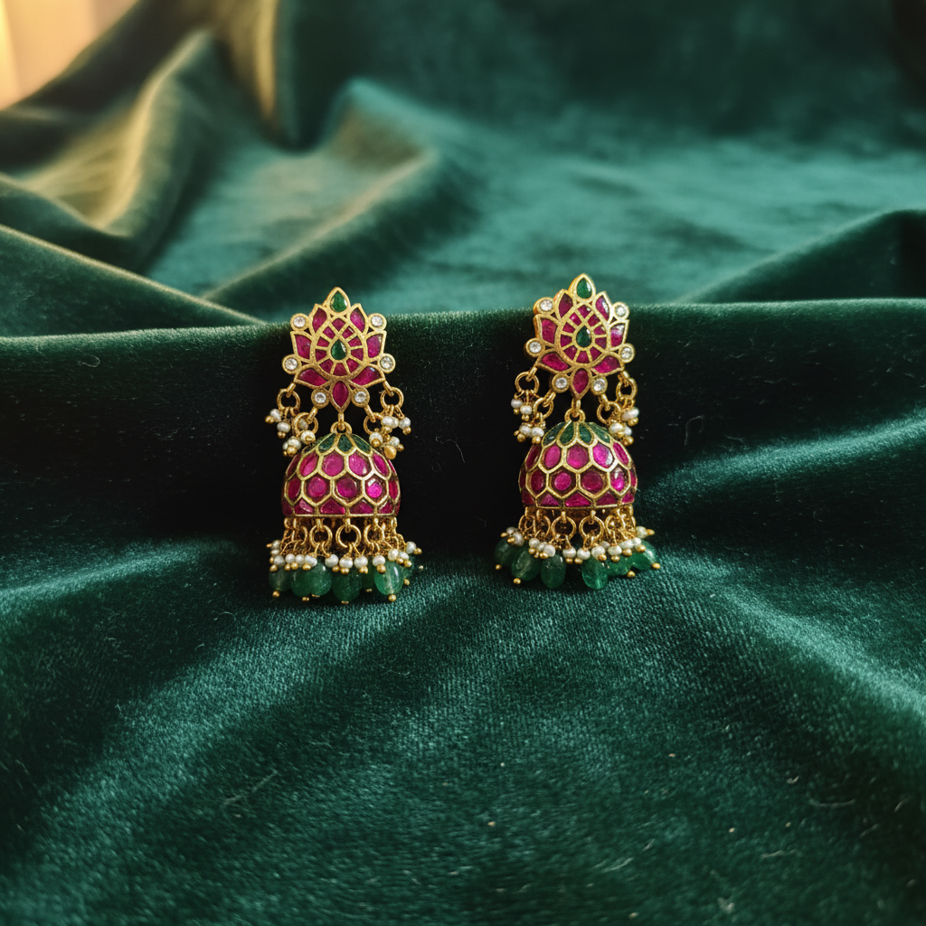Emerald & Ruby Blossom Jhumkas - View 2