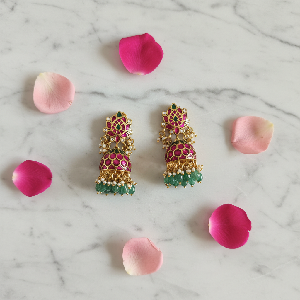 Emerald & Ruby Blossom Jhumkas