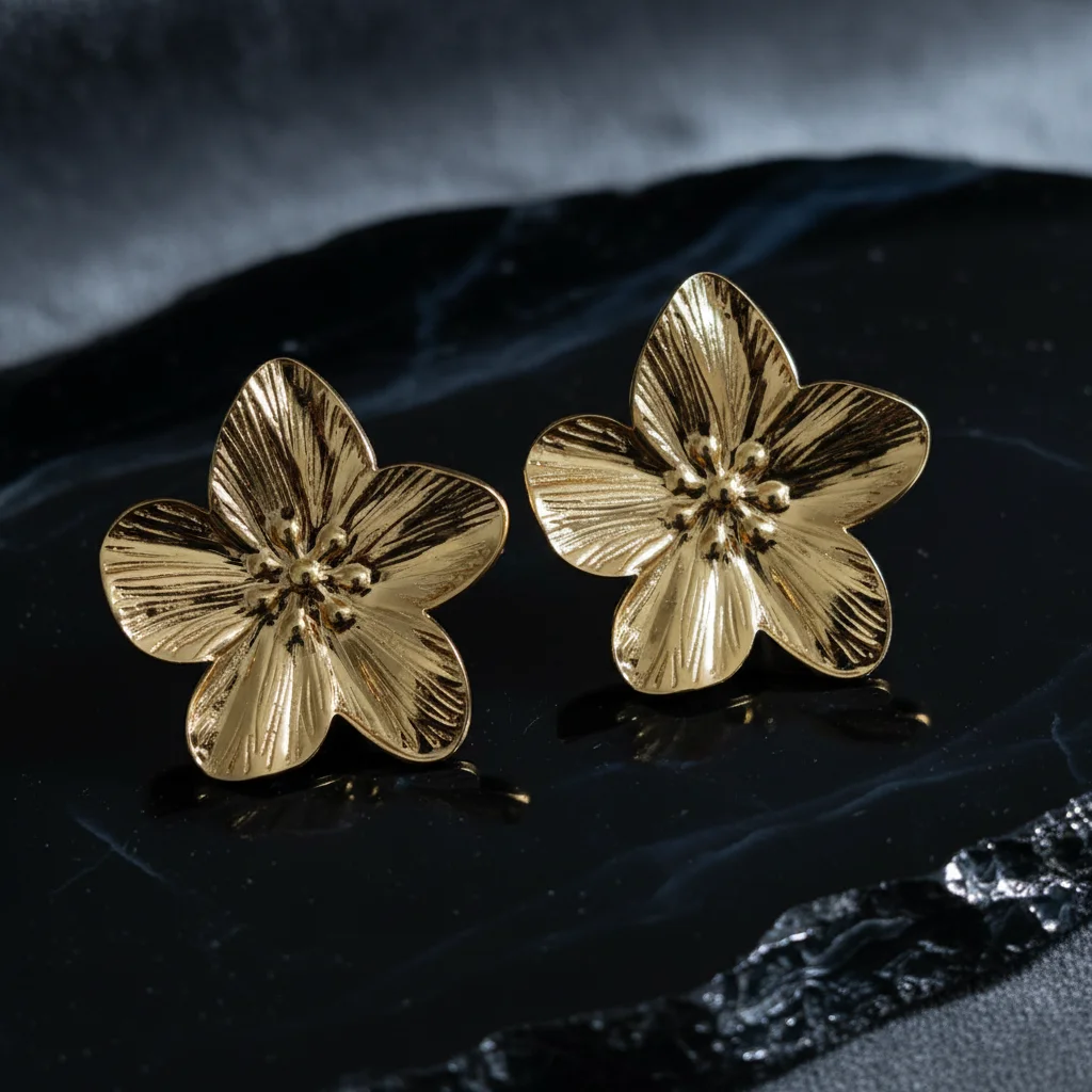 Gold Textured Floral Petal Stud Earrings