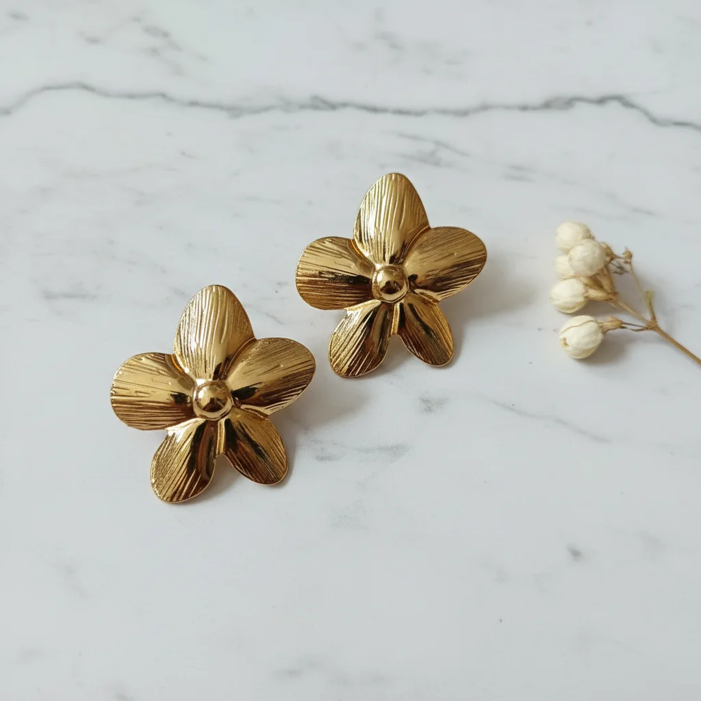 Textured Gold Floral Stud Earrings - View 2