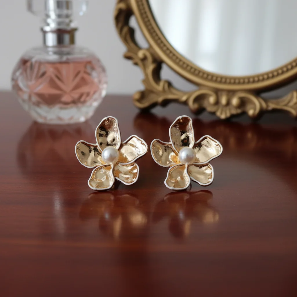 Floral Hammered Gold & Pearl Studs