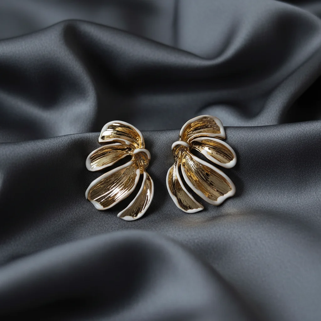 White Enamel Textured Gold Petal Earrings