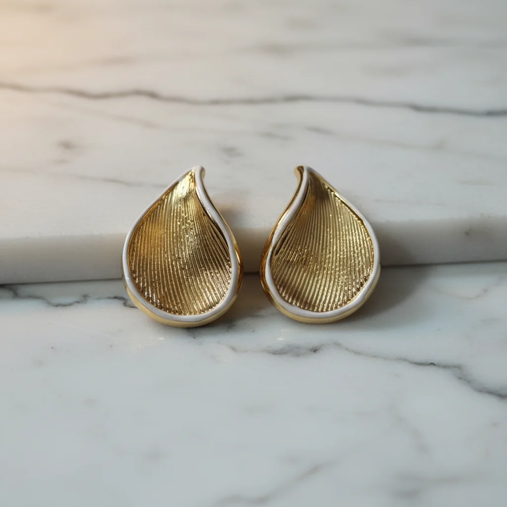 Textured Gold & White Enamel Teardrop Earrings