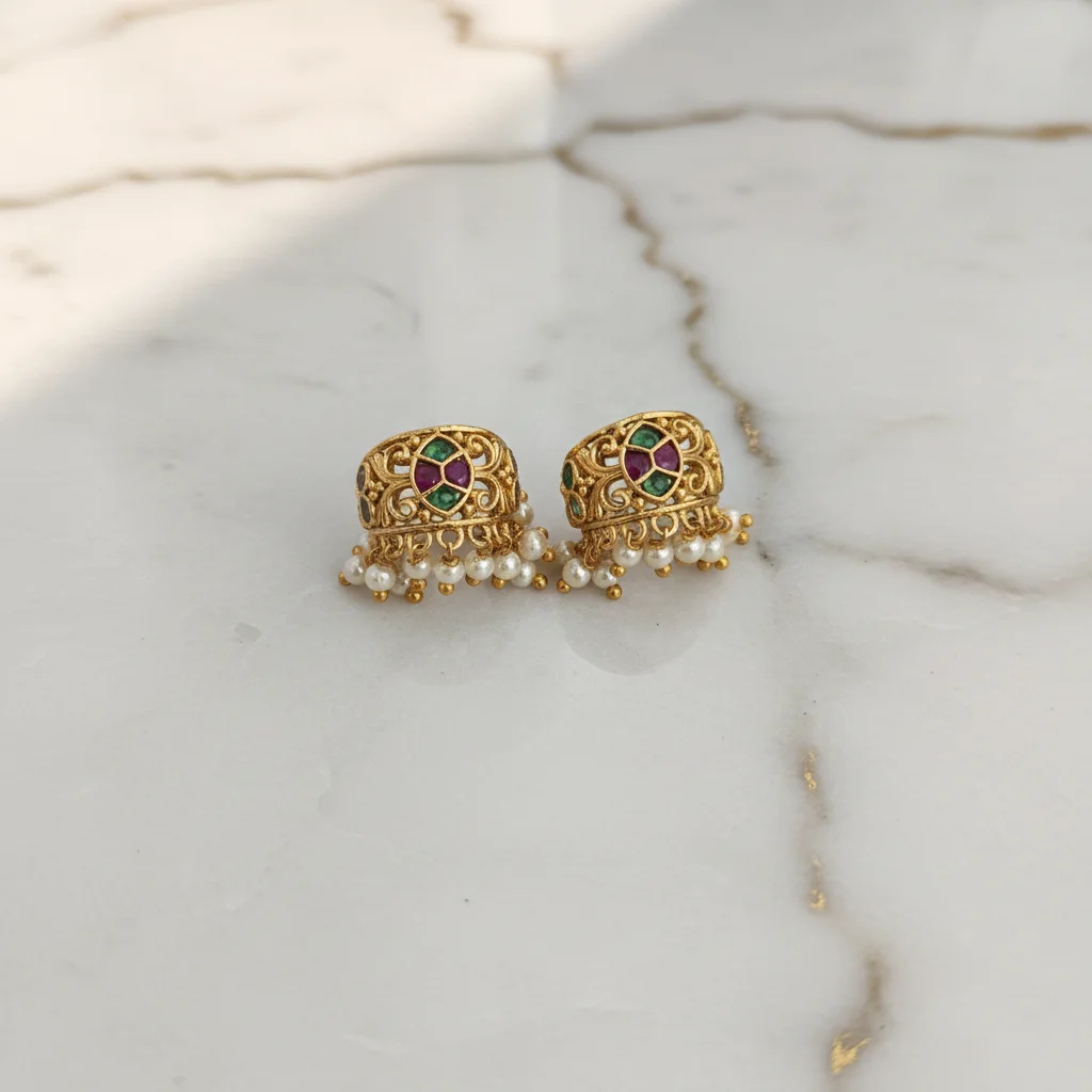Antique Gold Ruby & Pearl Filigree Earrings - View 2