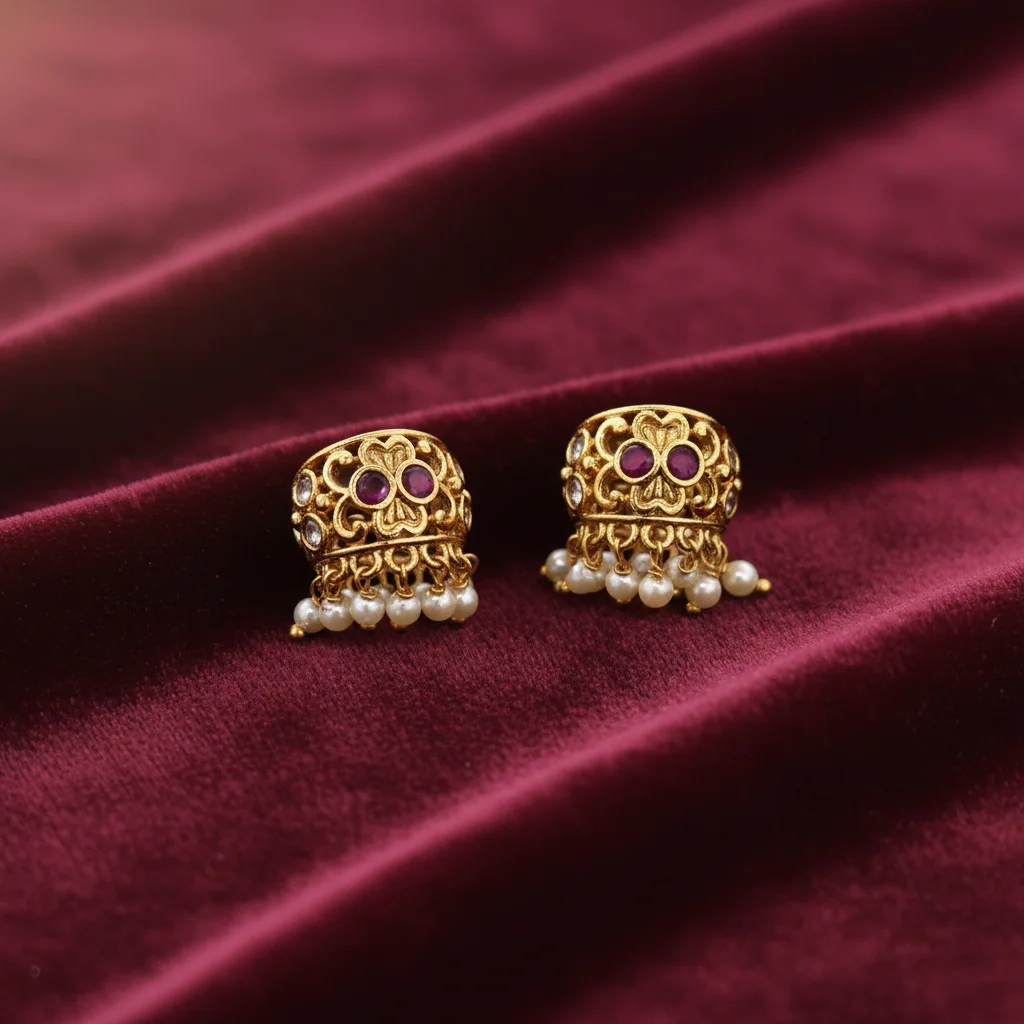 Antique Gold Ruby & Pearl Filigree Earrings