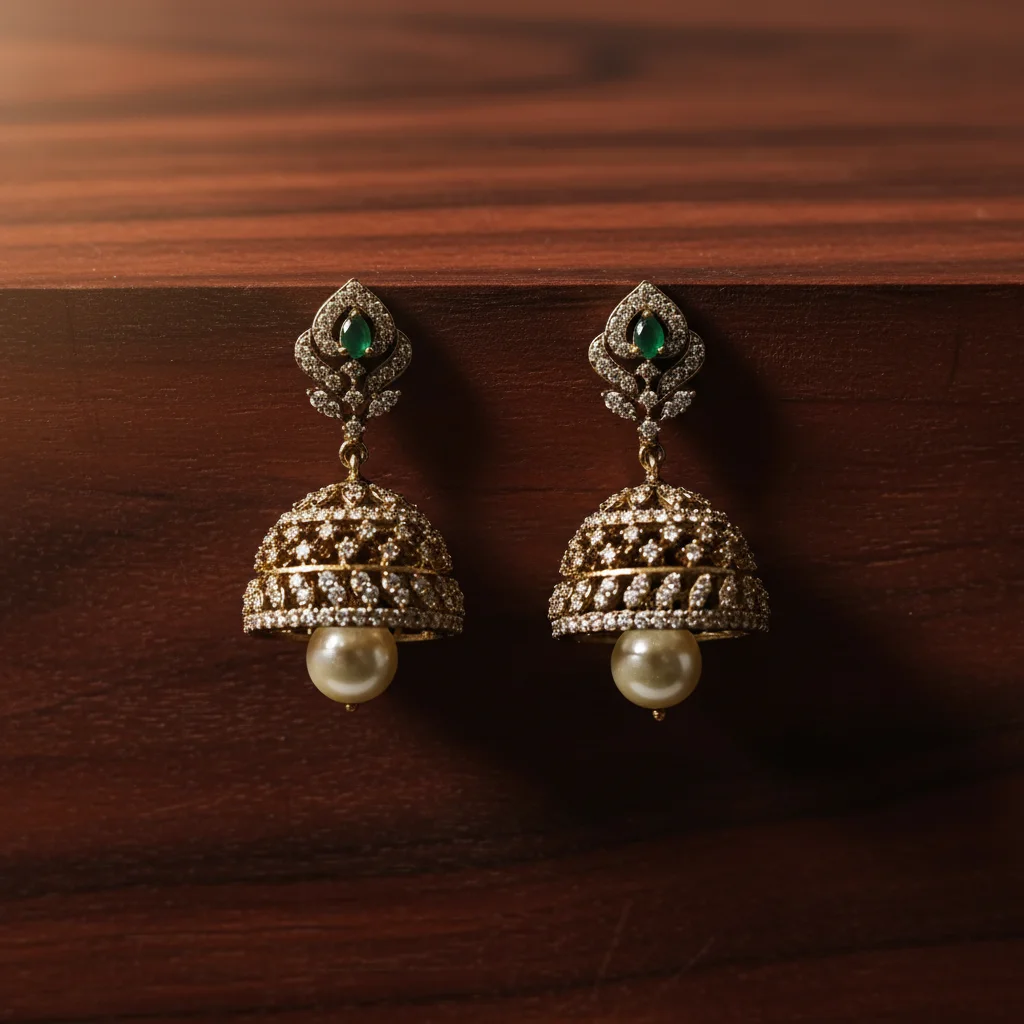 Emerald and Pearl Gold-Plated Jhumka Earrings