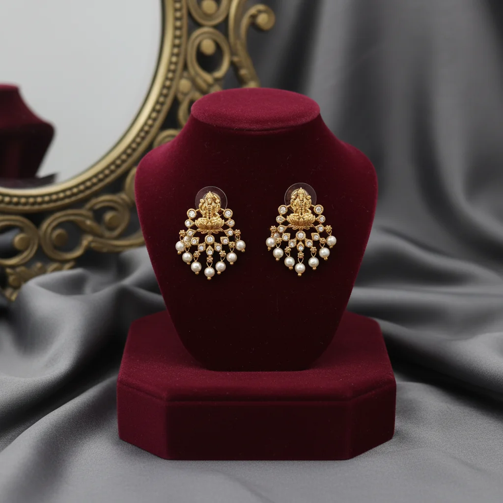 Goddess Lakshmi Motif Temple Earrings with Pearl Droplets