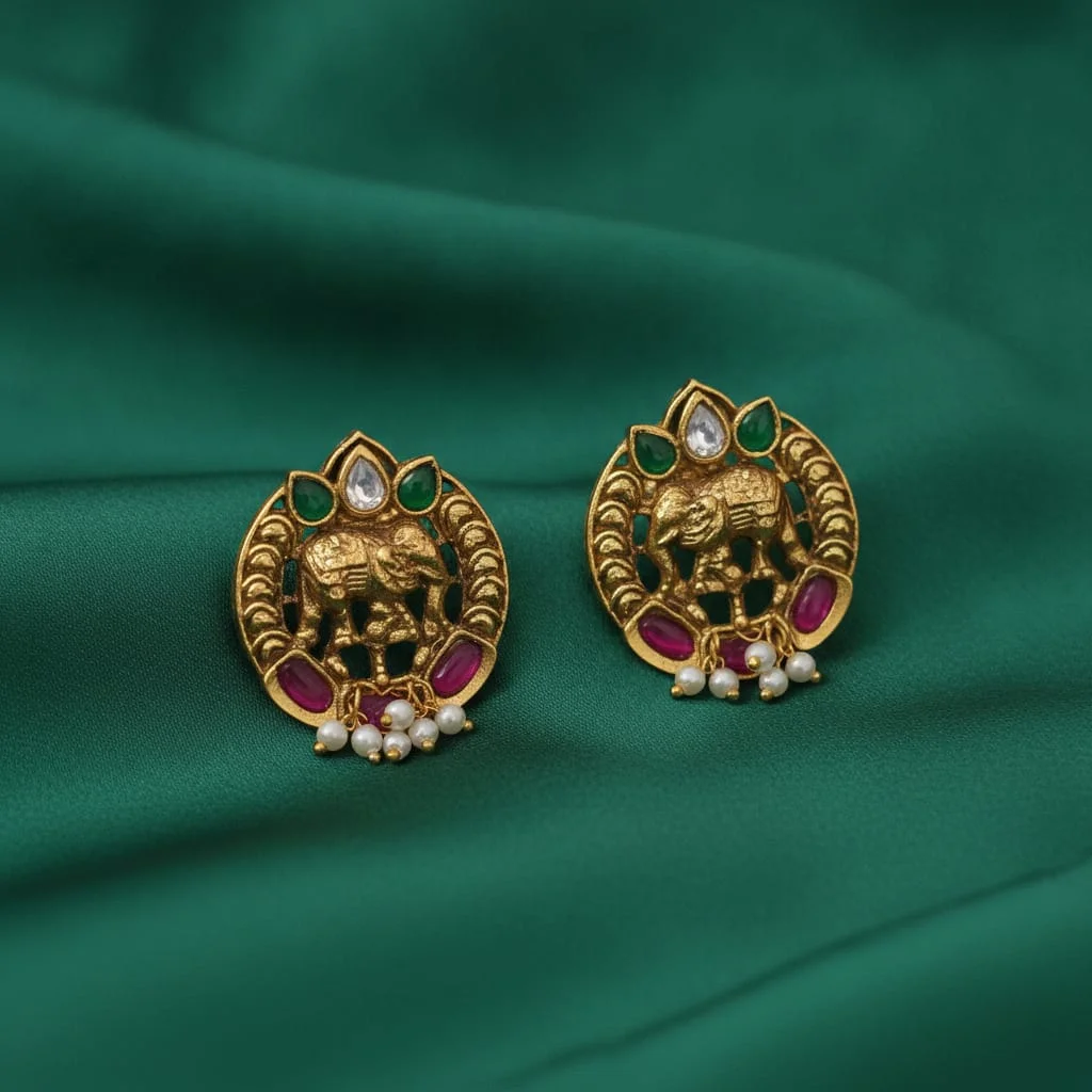 Majestic Elephant Antique Gold Temple Studs