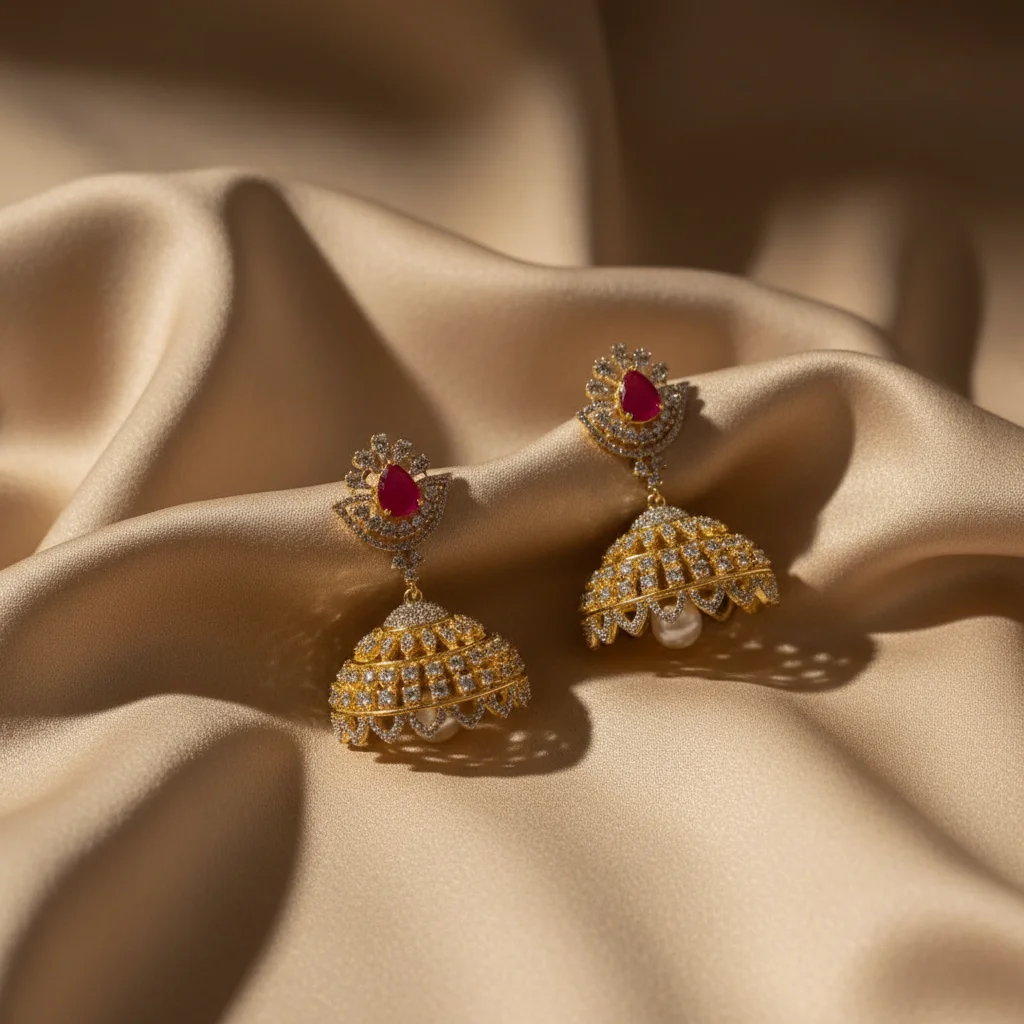 Regal Ruby & Pearl Jhumka Earrings