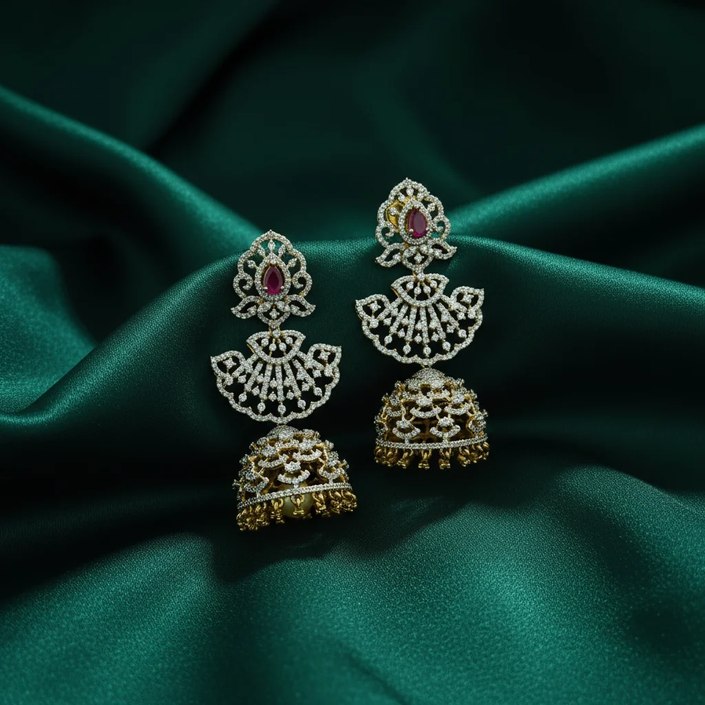 Classic Pink Ruby Three-Tier Jhumka Earrings