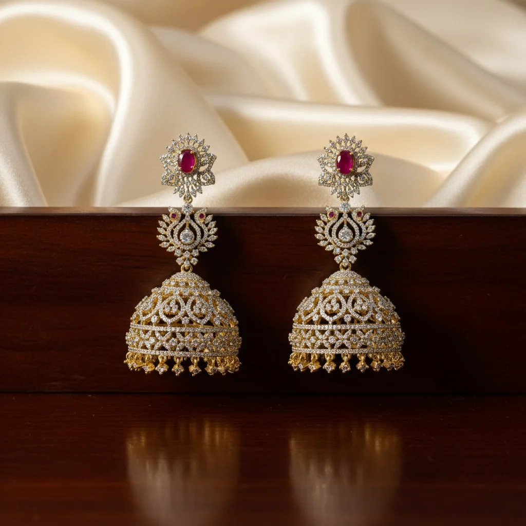 Ruby Floral Ornate Gold Jhumka Earrings