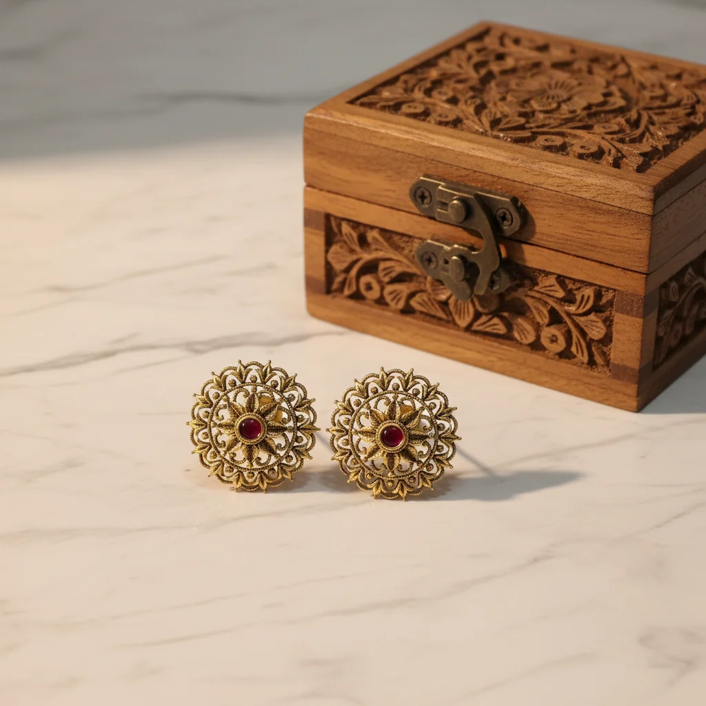 Regal Red Antique Filigree Circular Studs