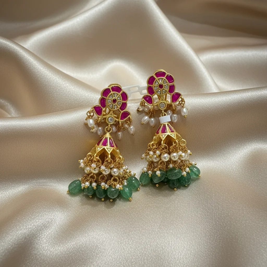 Ornate Ruby and Emerald Jhumka Earrings with Seed Pearl Tassels - View 2