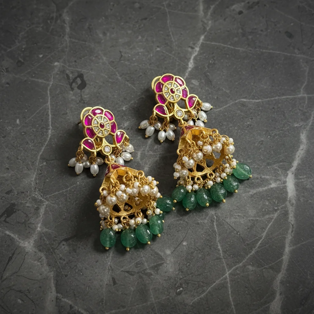 Ornate Ruby and Emerald Jhumka Earrings with Seed Pearl Tassels - View 3