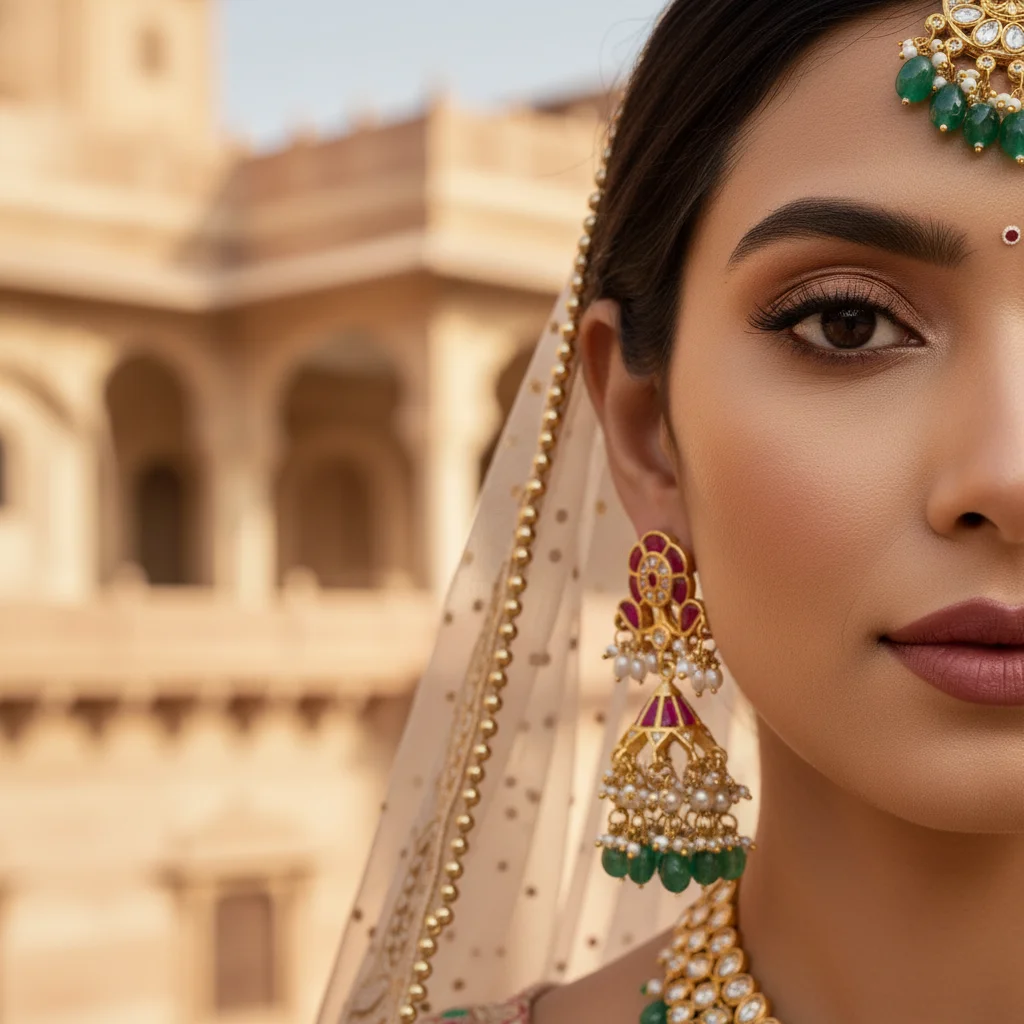 Ornate Ruby and Emerald Jhumka Earrings with Seed Pearl Tassels