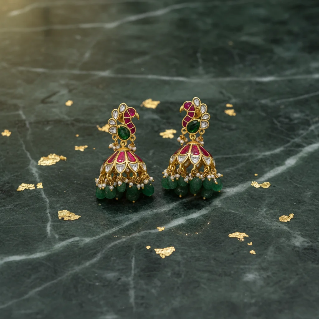 Ornate Peacock Kundan Jhumka Earrings - View 2