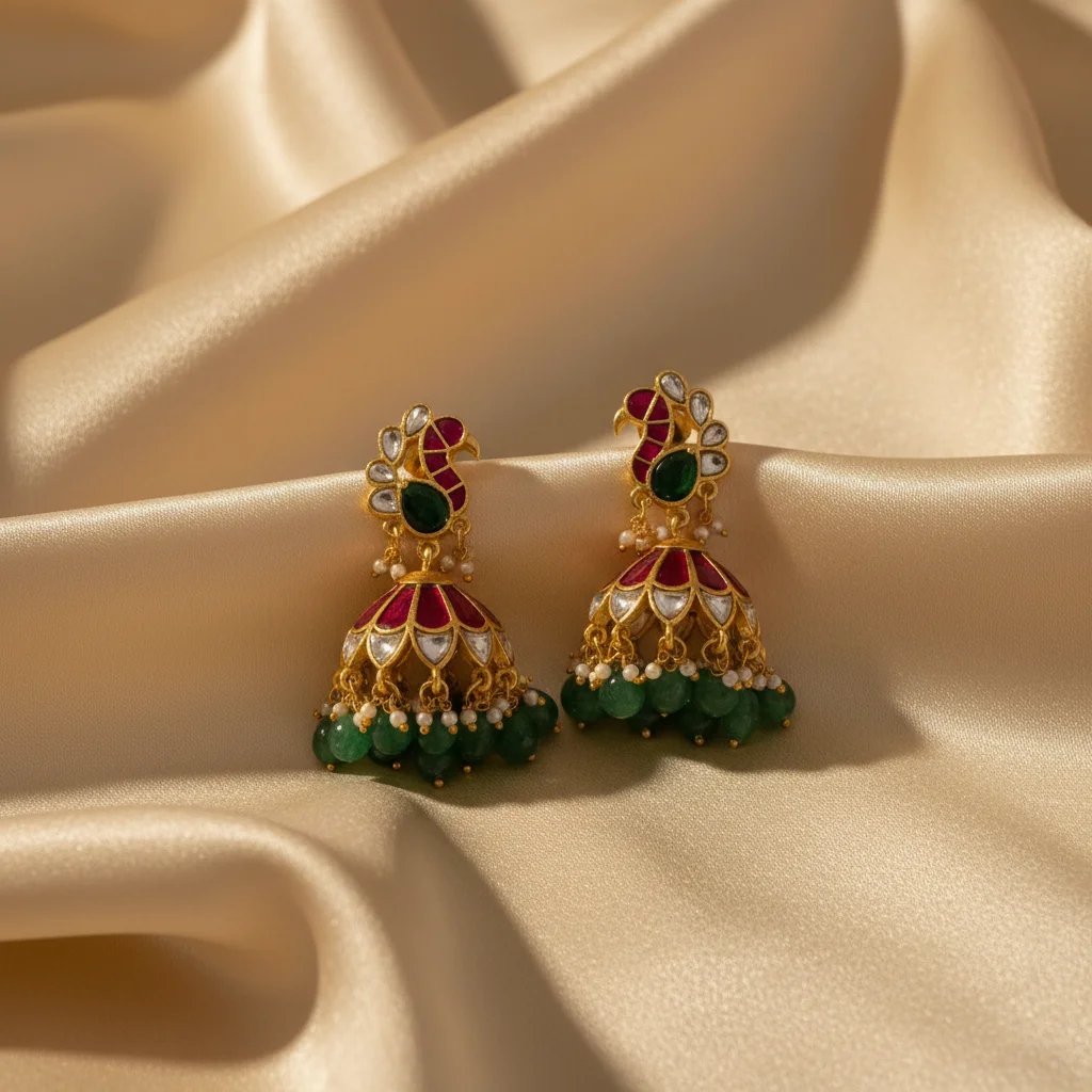 Ornate Peacock Kundan Jhumka Earrings - View 3