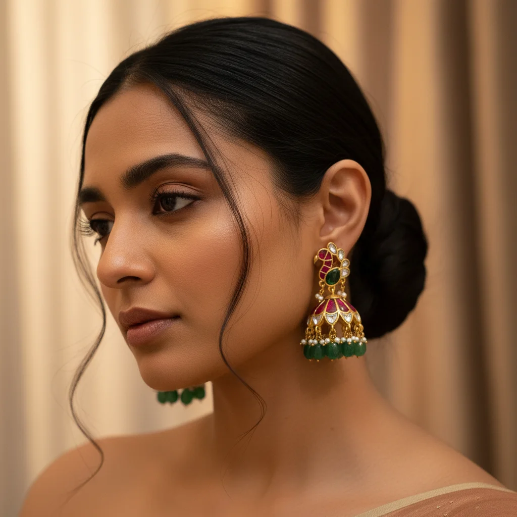 Ornate Peacock Kundan Jhumka Earrings - View 4