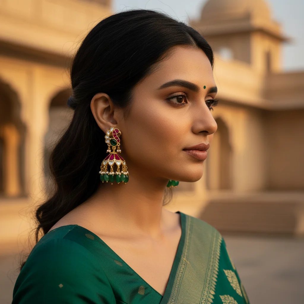 Ornate Peacock Kundan Jhumka Earrings
