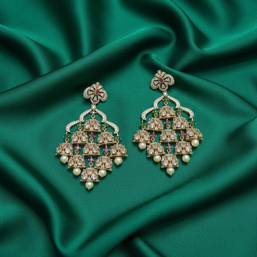 Royal Cascading Tiered Jhumka Chandelier Earrings - View 2