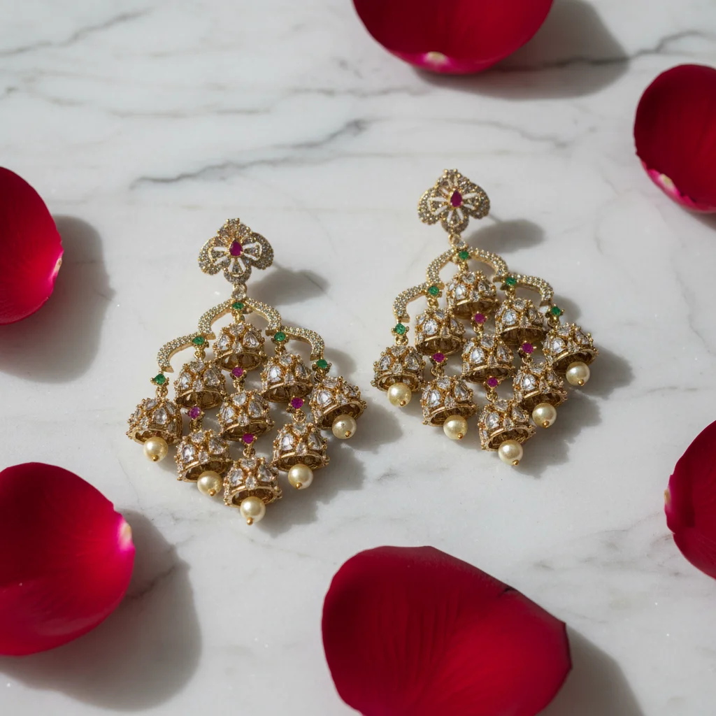 Royal Cascading Tiered Jhumka Chandelier Earrings - View 3