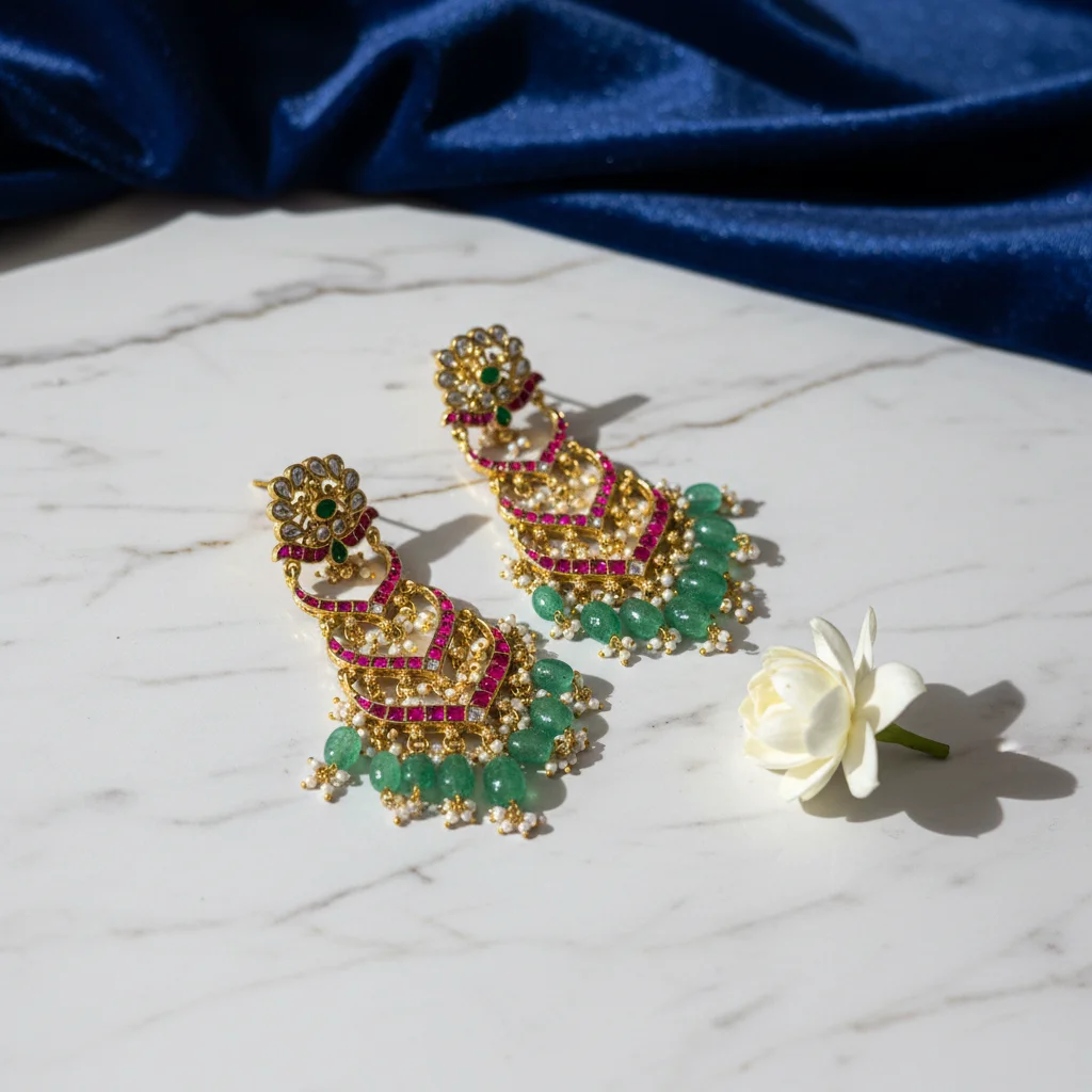 ER-198 Kundan and Emerald Chandelier Earrings - View 2