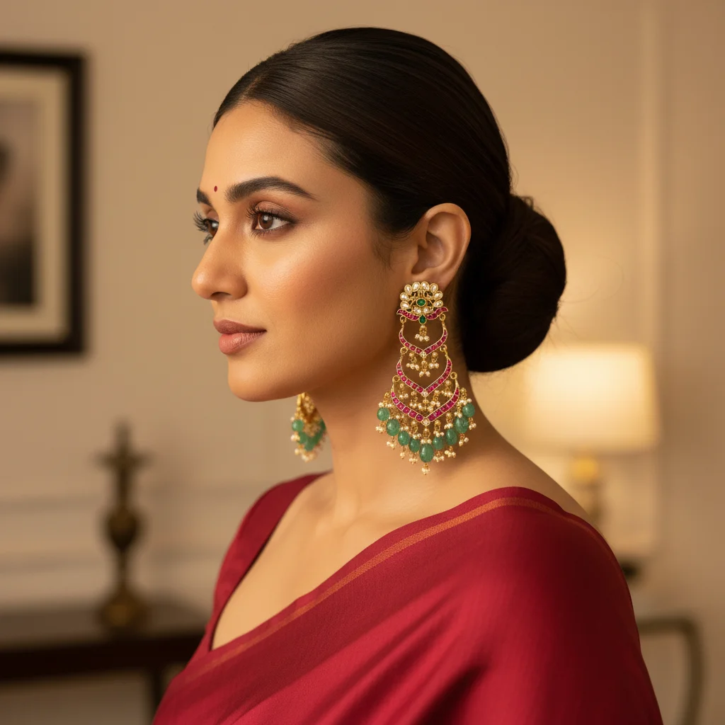 ER-198 Kundan and Emerald Chandelier Earrings - View 3