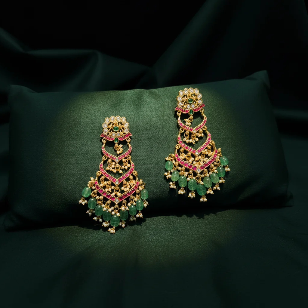 ER-198 Kundan and Emerald Chandelier Earrings